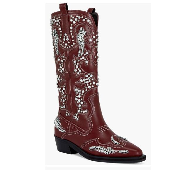 Azalea Wang Maisie Embellished Western Boot Red Faux Leather 8.5 NWOB Crystals - Picture 2 of 16